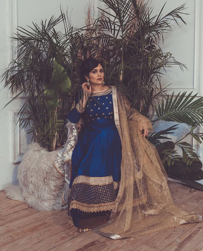 Model Monica Rahman in a blue salwar kameez