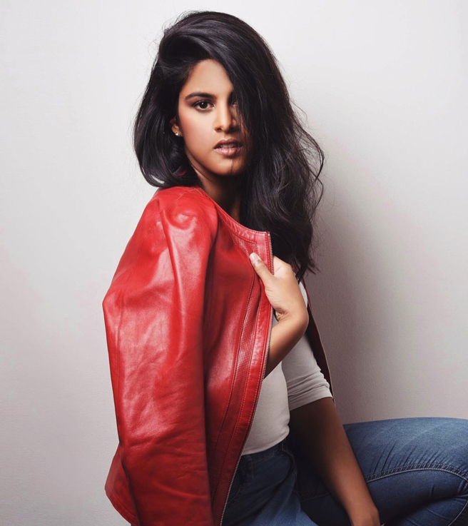 Melbourne based Indian model Revathi Shan wearing a stylish red leather jacket