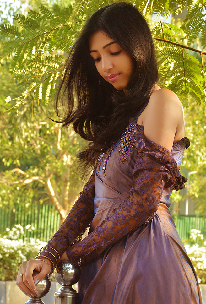 Richa Jha model wearing Purple evening gown